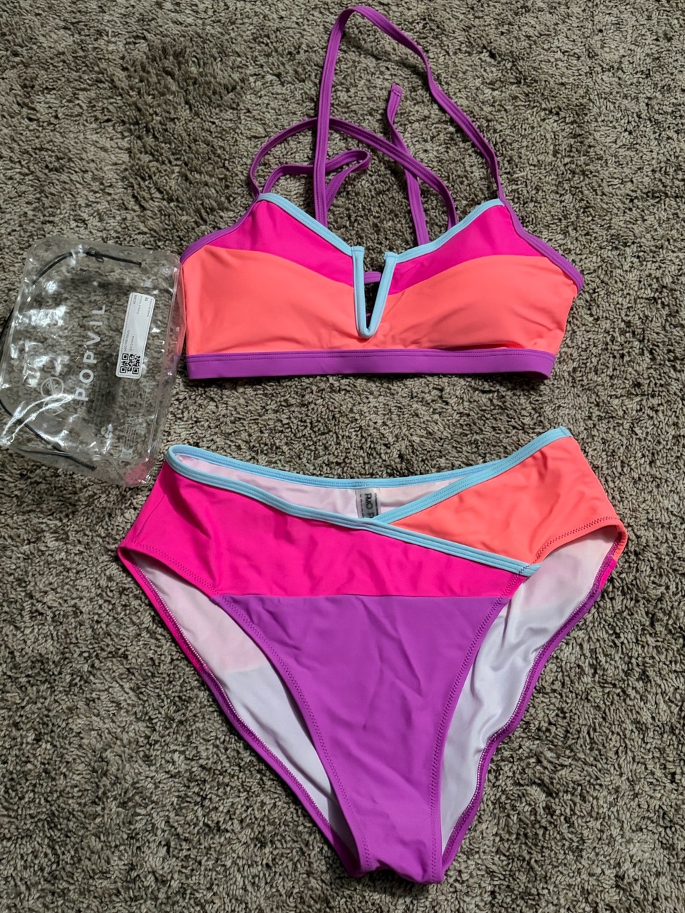 Colorblock High-Waist Bikini Set in Coral, Hot Pink & Purple